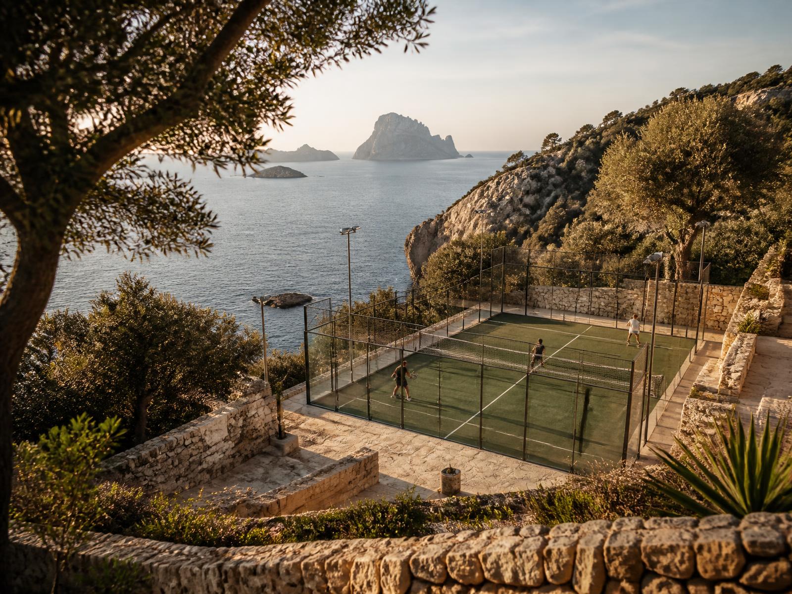 A padel court on a Mediterranean clifftop above the sea at golden hour